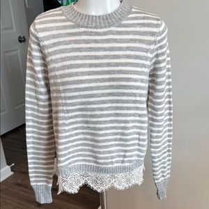SO XS Gray and White Crew Neck Sweater with Lace Trim